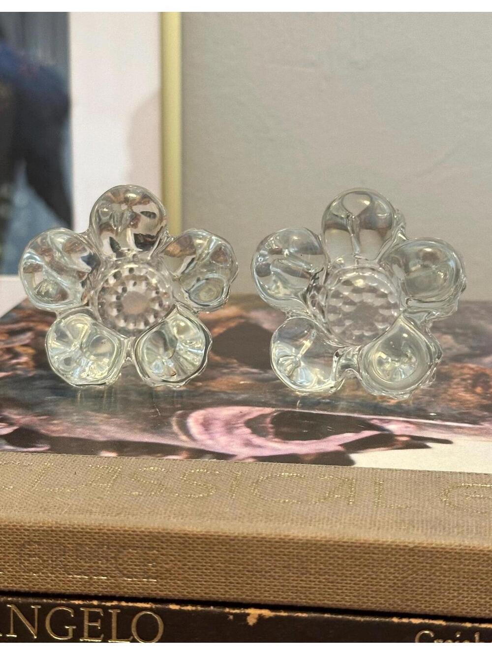 2 Vintage Glass Taper Candle Holders W/ A Daisy Flower Design Perfect for Spring